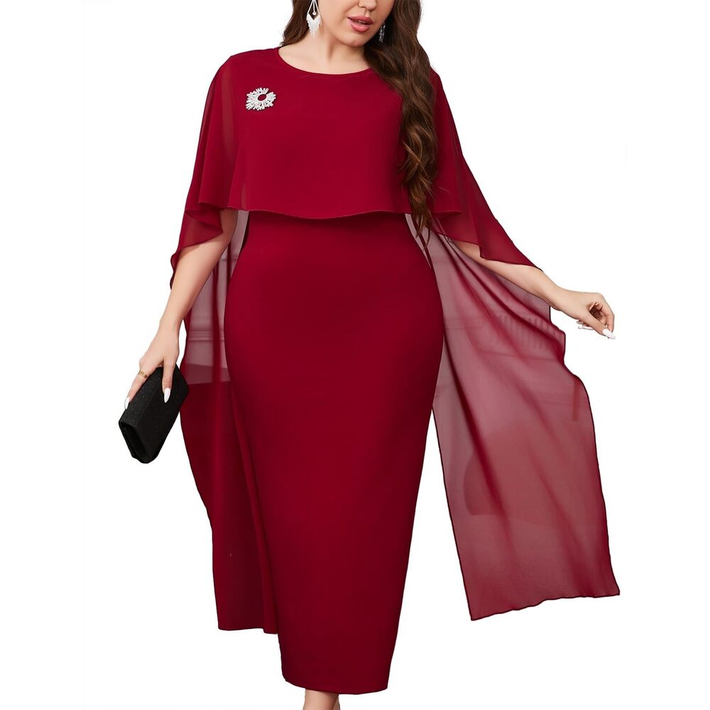 5714 Women's Plus Size Capelet Shawls And Wraps Dress, Burgundy, 1x